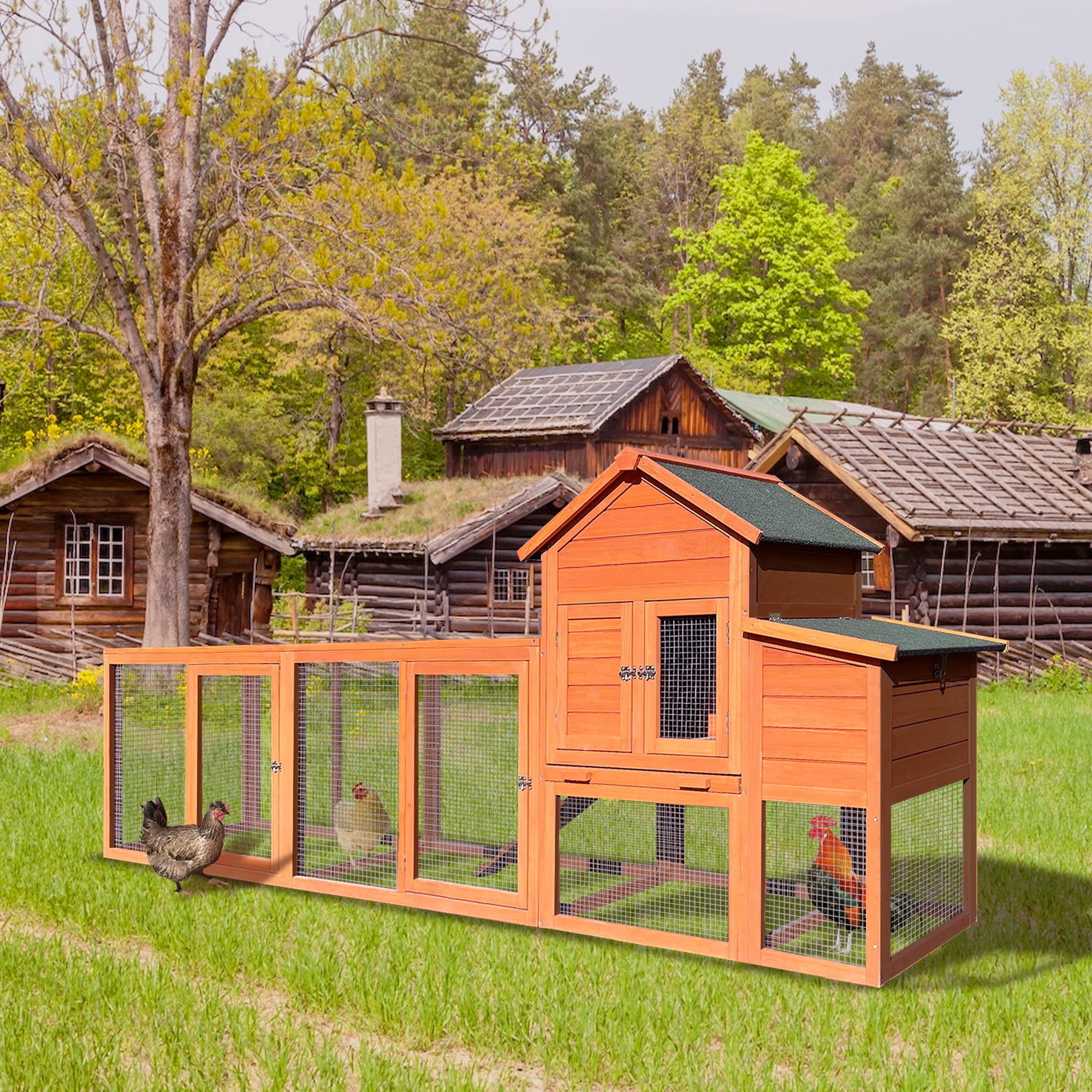 122" Large Wooden Chicken Coop, Outdoor Hen House with Nesting Box, Wire Fence Poultry Cage