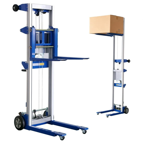 122" Manual Material Lift Stacker, 400 lbs Capacity Hand Winch Lift Truck with Fixed Straddle Base, Lightweight Manual Crank Material Lifter for Warehouse and Factory, Blue