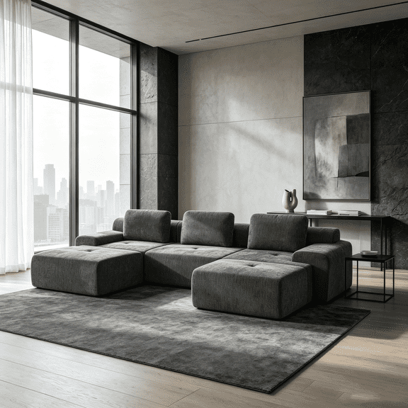 122" Modular Sectional Sofa U-Shaped Oversized Cloud Couch with High Back & Extra Deep Seat, No Assembly Required, Plush Chenille, 5 Seat, Dark Grey