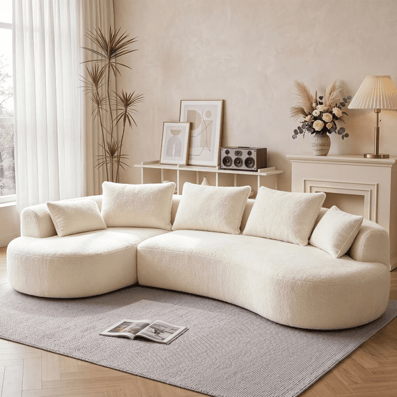 122" Oversized Curved Modular Sectional Sofa for Living Room,Beige Chenille Boneless Couch with Left Chaise,5 Throw Pillows,Extra Deep Seat