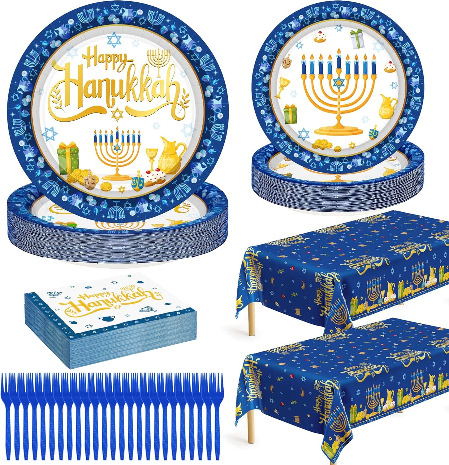 122 PCS Hanukkah Decorations, Disposable Blue Gold Hanukkah Plates, 9 ...