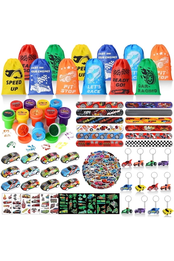 122 PCS Race Car Party Favors, Racing Birthday Party Favors with Pull Back Cars Bags Slap Bracelet Keychain Stamper Tattoo Stickers, Racecar Theme Party Supplies