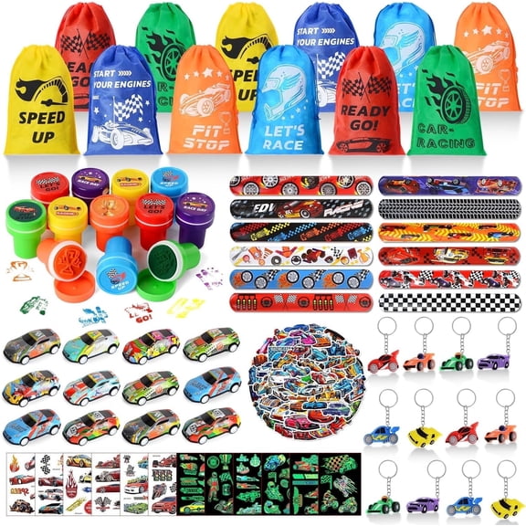 122 PCS Race Car Party Favors, Racing Birthday Party Favors with Pull Back Cars Bags Slap Bracelet Keychain Stamper Tattoo Stickers, Racecar Theme Party Supplies