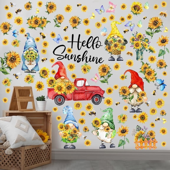 122 Pcs 6 Sheets Fall Wall Stickers Window Clings Gnome Sunflower Wall Decals Autumn Gnome Truck Decoration Garden Floral Wallpaper Sticker for Autumn Home Office Classroom Reward