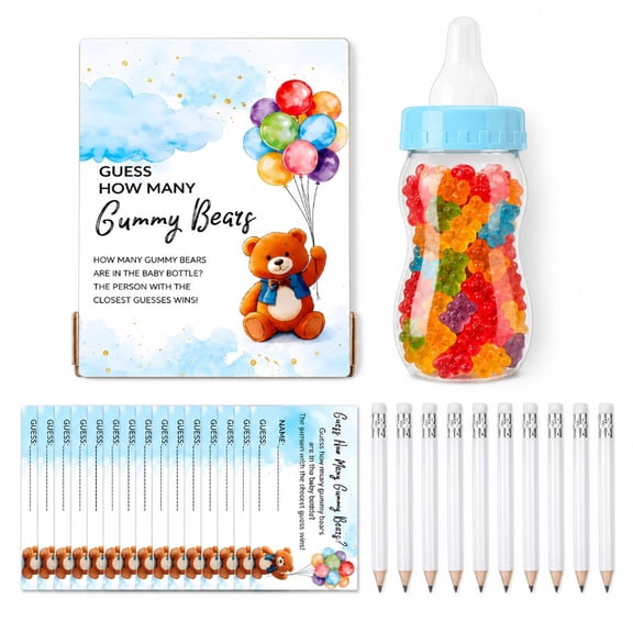 122 Pcs Blue Baby Shower Guess Game Kit,Include 1 Wooden Standing Sign 100 Guessing Cards 20 Writing Pencils and 1 Plastic Baby Bottle,Ideal for Gender Reveal Party Baby Celebration Decor