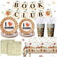 thumbnail image 1 of 122 Pcs Book Theme Party Decorations Book Club Party Supplies Set(Serves 24) Includes Tableware Banner Paper Plate Cup Napkin Forks Tablecloth Library Reading Lover Table Decorations, 1 of 7