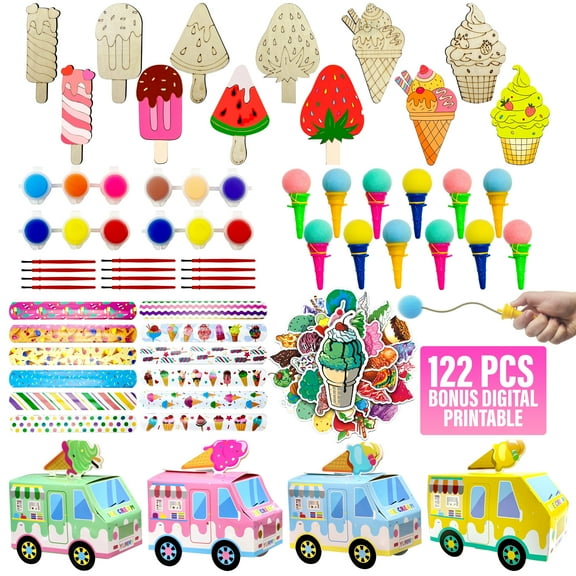 122 Pcs Ice Cream Party Favors - 12 Pcs Wooden Painting Kit Wristband Bubble Wand for Kids Birthday