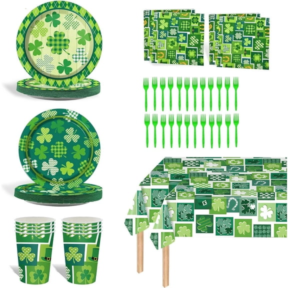 122 Pcs St. Patricks Day Party Supplies Set, Lucky Green Shamrock Tableware Sets Include 2 Large Tablecloth, Irish Festival Party Plates St. Patricks Day Plates and Napkins Forks for 24 Guests