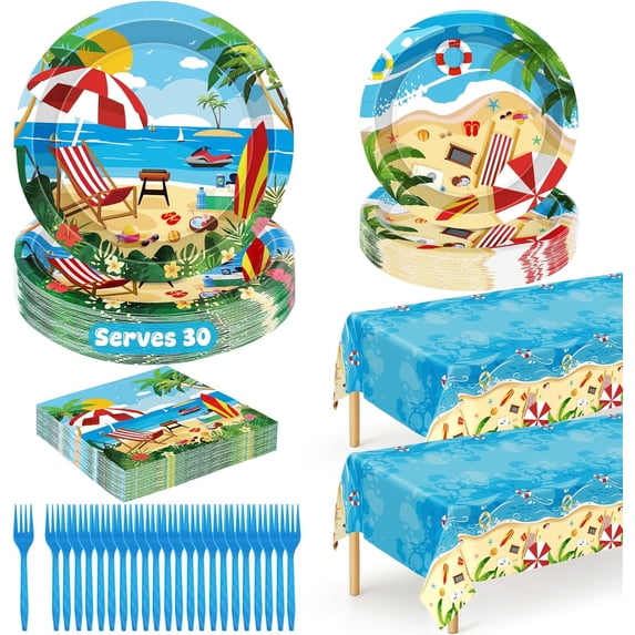 122 Pcs Summer Beach Tableware Set, Serves 30. Comes with plates, napkins, forks and tablecloths for picnic and beach parties.
