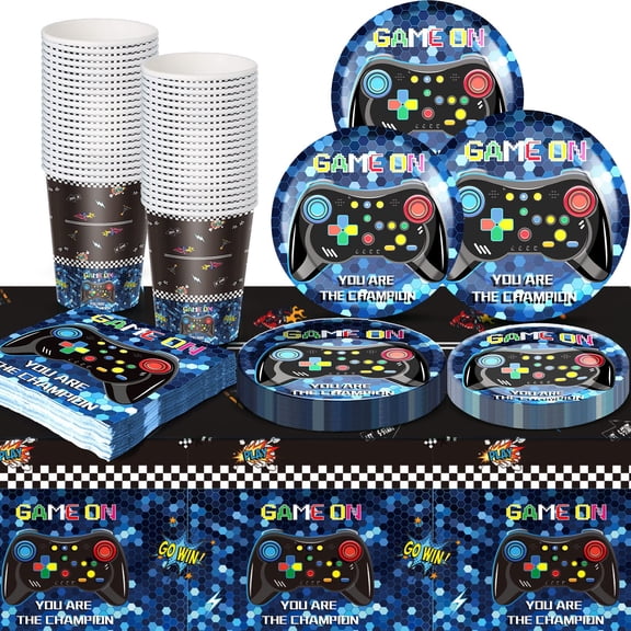 122 Pcs Video Game Party Supplies Tableware Set for 24 Guests Video Game Paper Plates Cups Napkins Plastic Tablecloth Party Tableware Serves for Gaming Birthday Party Decorations Y101