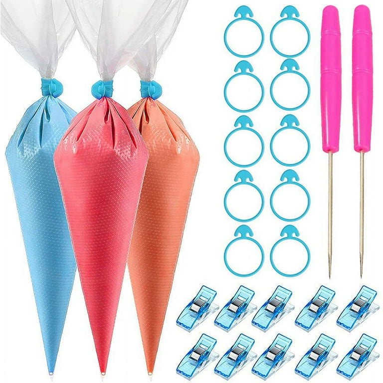 ELJRBCK 122Pieces Tipless Piping Bags - 100pcs Disposable Piping Pastry Bag for Royal Icing/Cookies Decorating - 10 Pastry Bag Ties,10 Clips &2