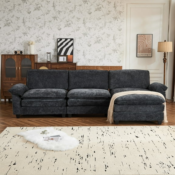 122" Sectional Sofa with Movable Ottoman, Oversized L Shaped Sofa Set, 3 Seat Convertible Couch for Living Room, Chenille, Black