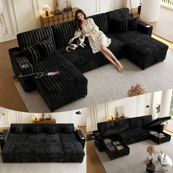 122" U Shaped Couch,Sleeper Sectional Sofa,Convertible Cloud Sofa with Pull Out Bed, Modular Couch with Double Storage Chaise, Small Desktop, USB, (Corduroy,Black)