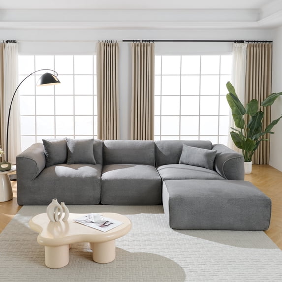122" Velvet Sofa with Movable Footstool & 3 Throw Pillows, 4-Seater L-Shape Modular Sofa with 27'' Deep Seat, Upholstered Sleeper Couches for Living Room Bedroom, No Assembly Required, Gray