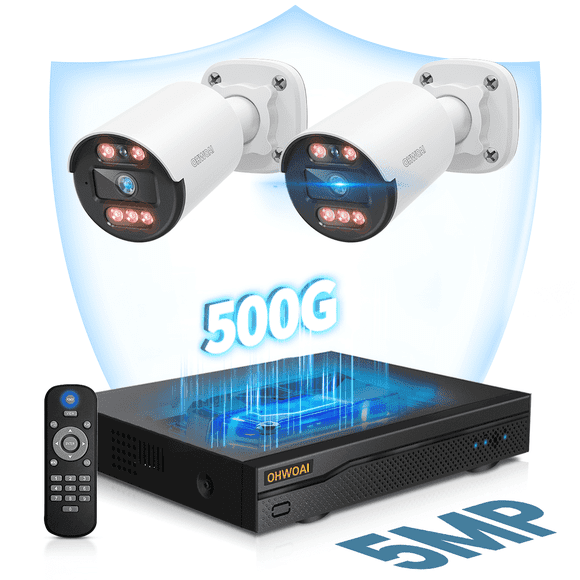 OHWOAI 5MP Wired Security Camera System, 2 Cams with 8CH DVR, 122° Wide View, 500GB HDD
