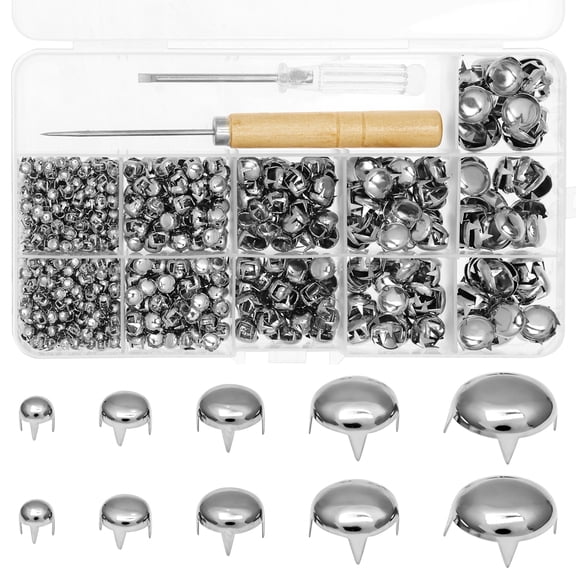 Round Dome Stud Assorted Set, 1220 Pcs Leather Rivets Kit with Awl & Screwdriver, 4 Prong Claw Spikes 5 Sizes for Bag Shoes Belt Jacket Decor