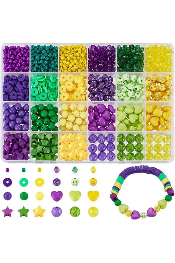 1227 Pcs Mardi Gras Beads Assorted Beads for Jewelry Making Purple Green Gold Rhinestone Acrylic Beads for Bracelet Necklace Making DIY Crafts for DIY