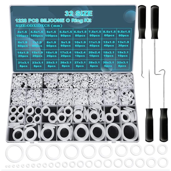 1228 Pcs 32 Size Clear White Silicone O Rings Assortment Kit with Pick and Hook