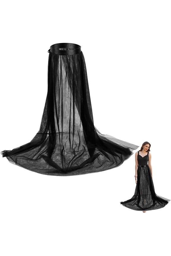 122CM Black Tulle Skirt Polyester Long Sheer Mesh Tutu Maxi Skirts High Waist Detachable Bikini Cover up Lace Overskirt Dress for Women Wedding Beach Rave