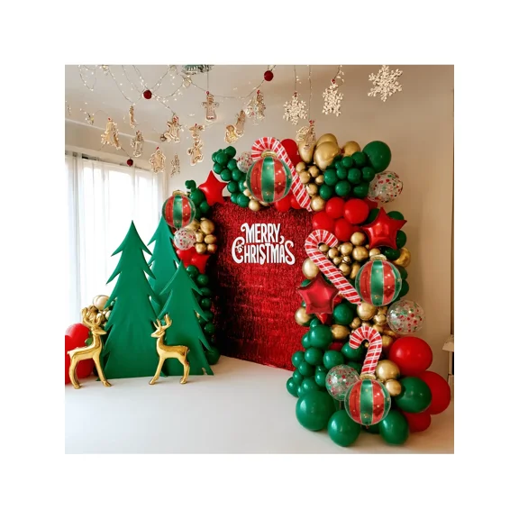 122PCS Christmas Balloon Garland Arch Kit, Gold And Confetti Color Balloons With Candy Cane Star And Candy Foil Balloons,For Christmas Party Decoration Supplies.