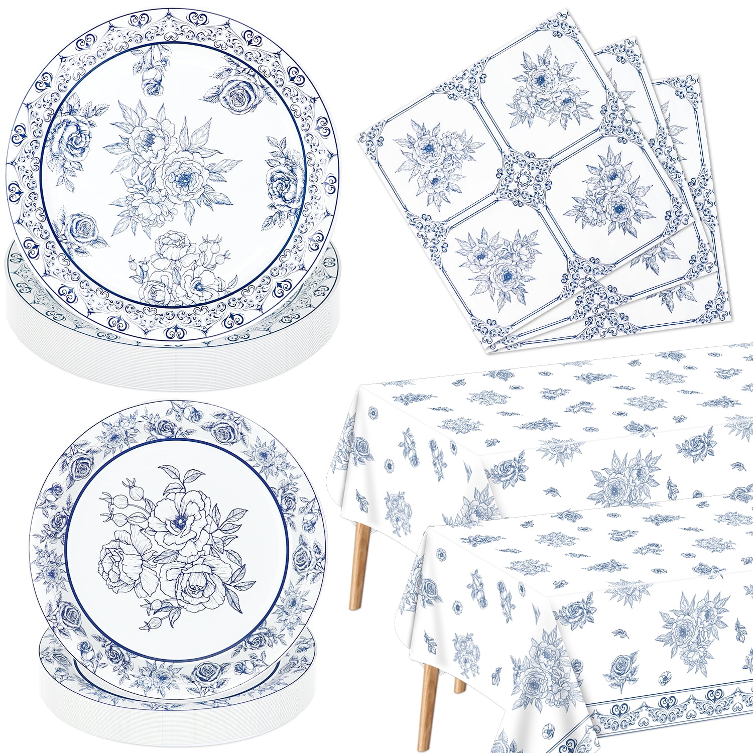 122Pcs Blue and White Flower Party Decorations, Floral Dinnerware Set, Blue and White Porcelain Plates, Napkins, Tablecloth for Bridal Birthday Baby Shower Spring Summer Tea Party Supplies, Serve 40