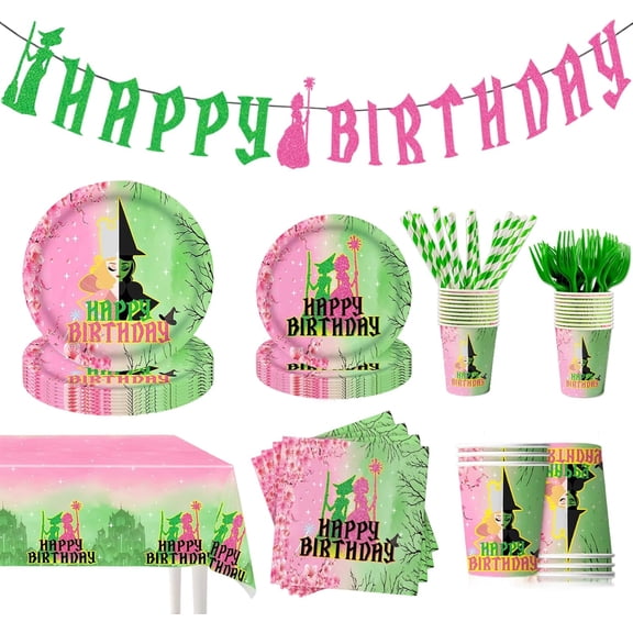 122Pcs Witch Party Supplies Pink and Green Birthday Party Decorations Witch Party Decorations Tableware Set Witch Plates and Napkins,Banner,Tablecloths,Cups for 20 Guests
