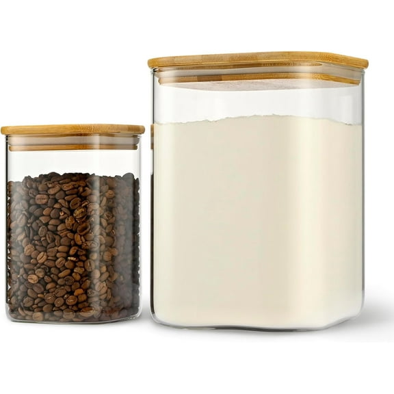 Set of 2 Airtight Glass Square Storage Canisters with Bamboo Lids (122oz & 41oz), for Sugar Flour Coffee Beans Black Label