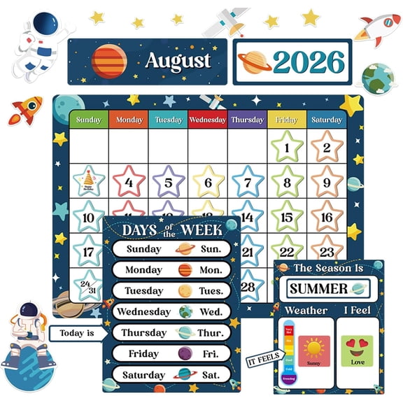 122pcs Outer Space Classroom Calendar Bulletin Board Decorations with Seasons Weather Festivals School Year Calendar for Back to School Elementary Classroom Must Haves