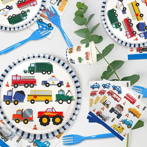 122pcsTraffic Jam Trucks Birthday Party Paper Plates, Napkins, Cups, Forks And Tablecloth, Perfect for Traffic Cars Trucks/Construction Theme Birthday Party Supplies