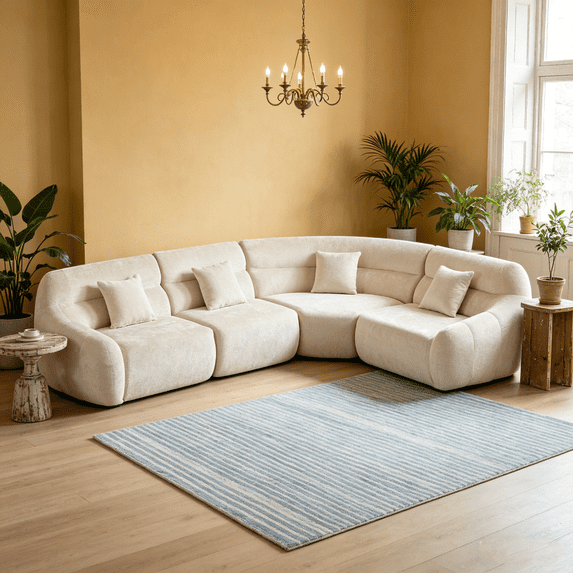123.2" Modern Curved Corner Sectional Sofa, Chenille Modular Cloud Couch with 4 Pillows, High-Back Oversized 4-Seater, No Assembly Required