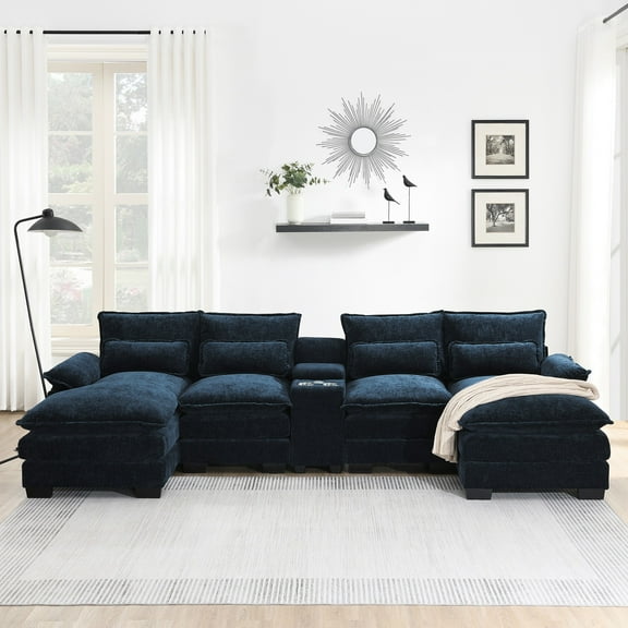 123*55"Modern U-Shaped Sectional Sofa with Console,Cup Holders and Usb Charger,6 Seat Upholstered Symmetrical Indoor Furniture,Comfy Chenille Cloud Couch with Chaise for Living Room,Apartment (Blue)