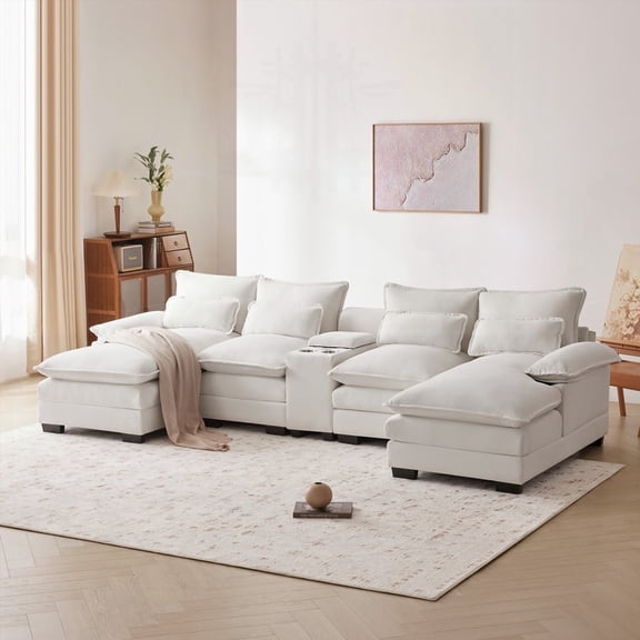 Modern U-shaped Sofa with Console,6-seat Upholstered Symmetrical Indoor Furniture,Cupholders and USB Ports,123*55" (L*D),Living Room Furniture