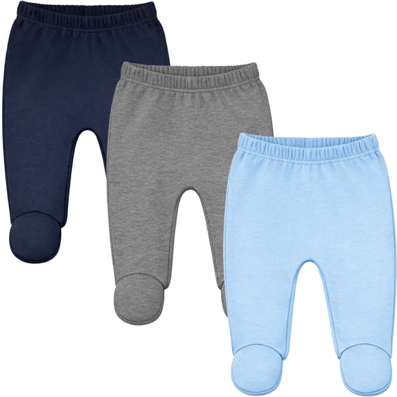 123 Bear Baby Soft Cotton Spandex Pants with Feet, Blue 3-Pack, 0-3 Months
