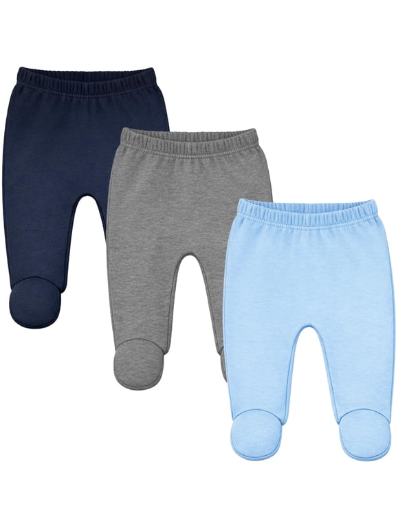 Baby Soft Cotton Spandex Pants with Feet, Blue 3-Pack, Newborn