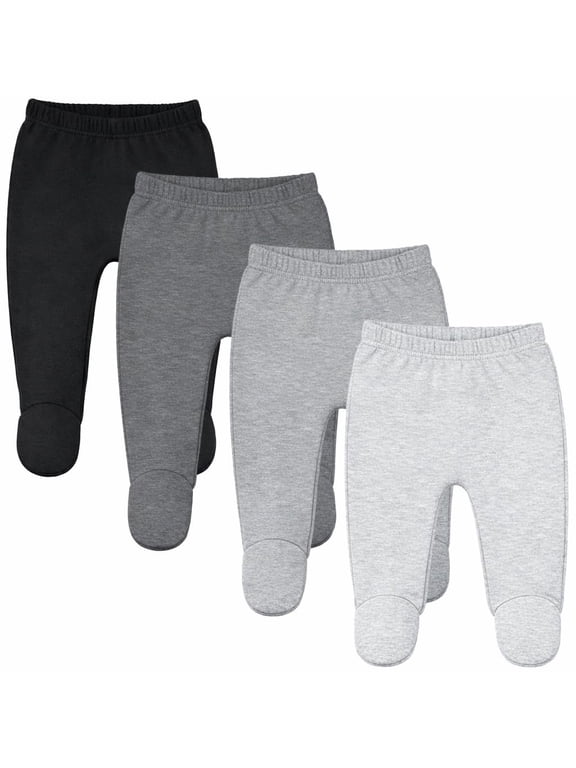 Baby Soft Cotton Spandex Pants with Feet, Gray 4-Pack, 0-3 Months