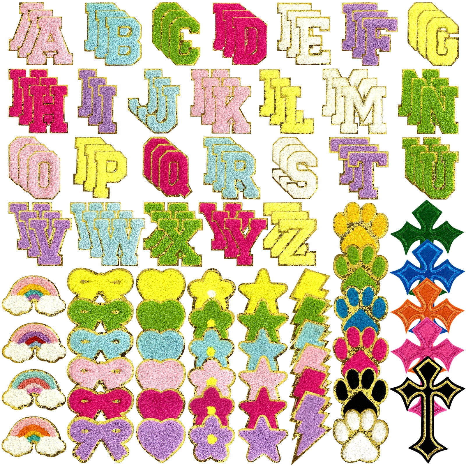 123 Chenille patch ironing stickers with Golden embroidery include 78 letter patches, 45 stars, hearts, flowers, smiling faces, rainbows, crosses, lightning, cute claws, bow
