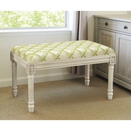 123 Creations Antique Finish White Wood Upholstered Bamboo Trellis Bench Green Shabby Chic