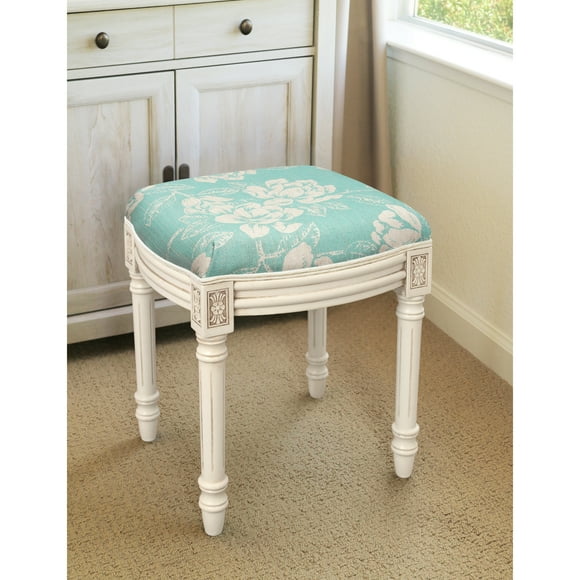 123 Creations Aqua Magnolia Vanity Stool with antique white finish