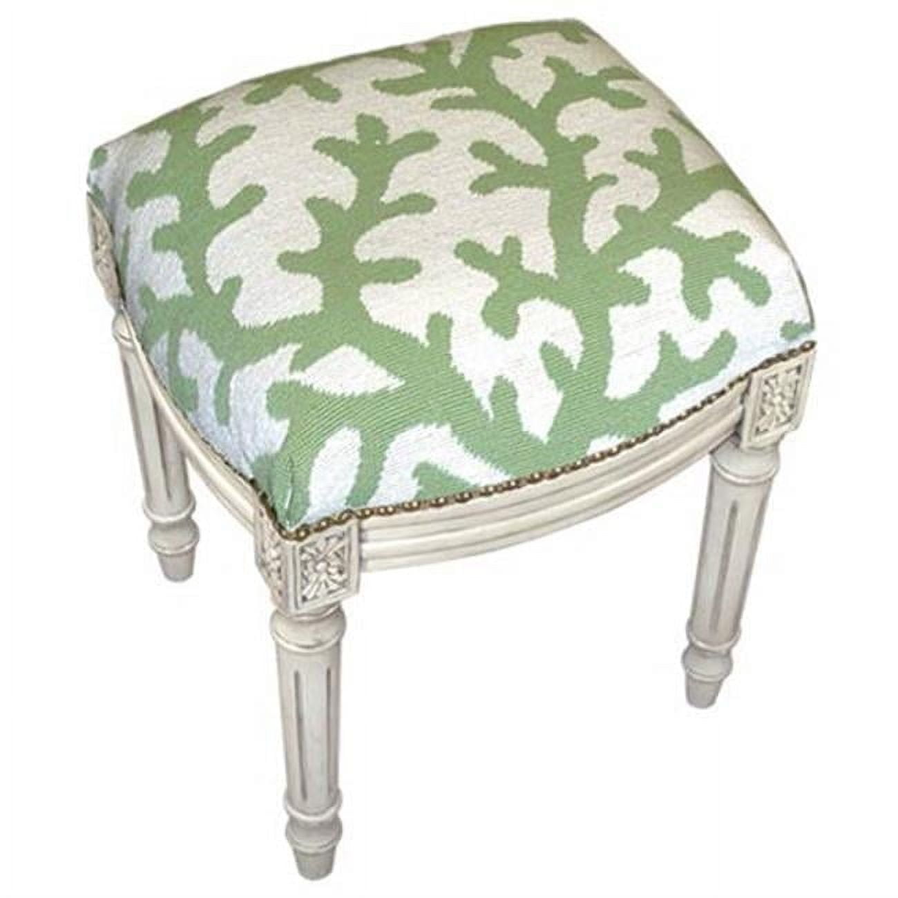 123 Creations C763WFS Coral in Green Needlepoint Stool in White Wash - 100 Percent Wool