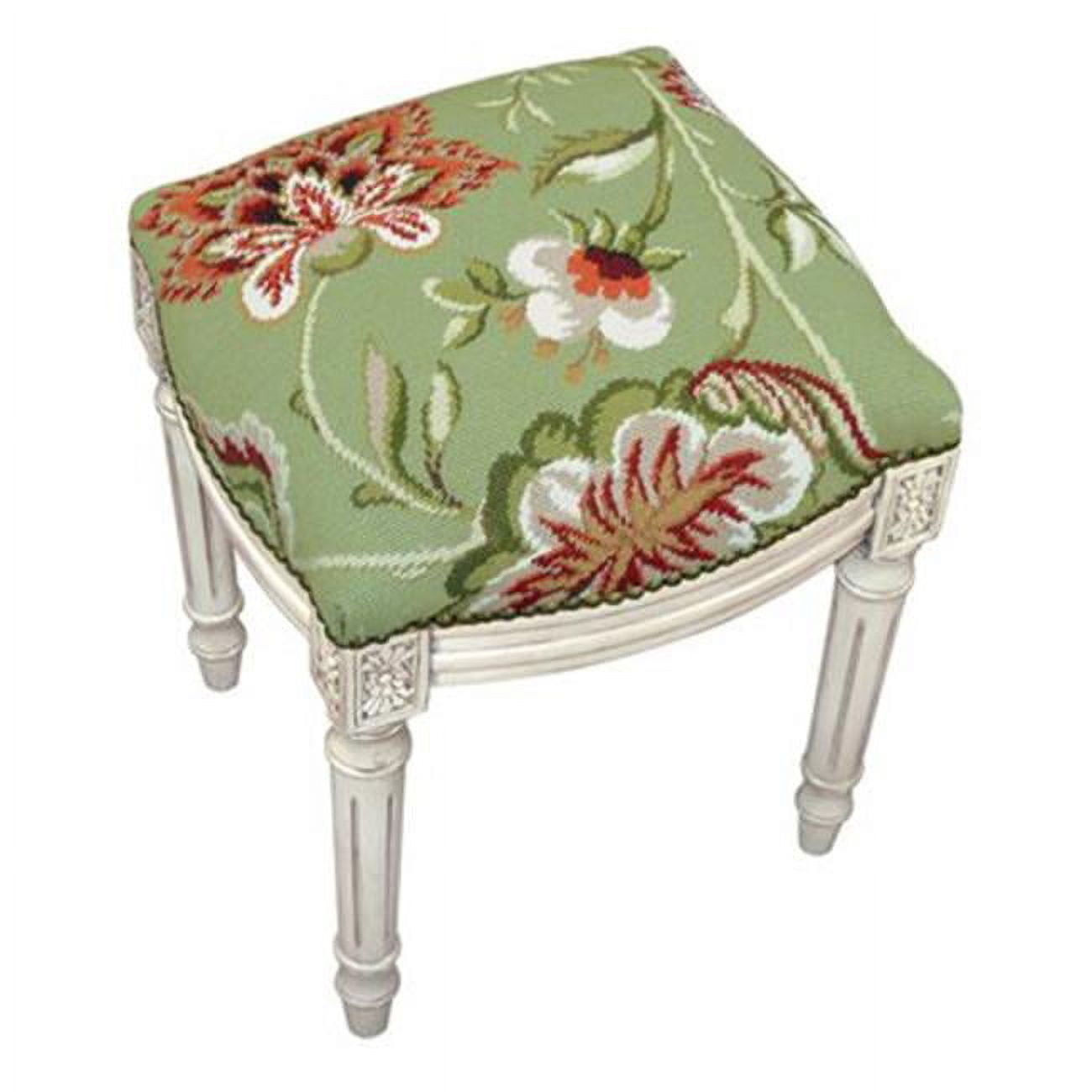 Green Floral Needlepoint Wool Stool with White Legs