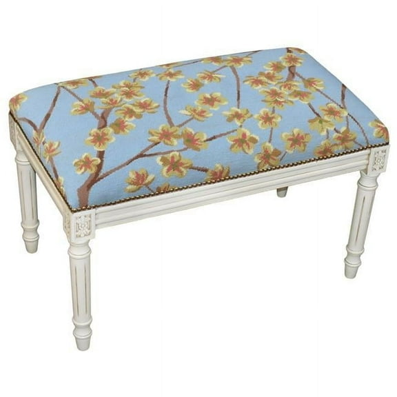 123 Creations C920AWBC 100 Percent Wool Blue Blossoms Needlepoint Upholstered Solid Wood Bench - Antique White Wash