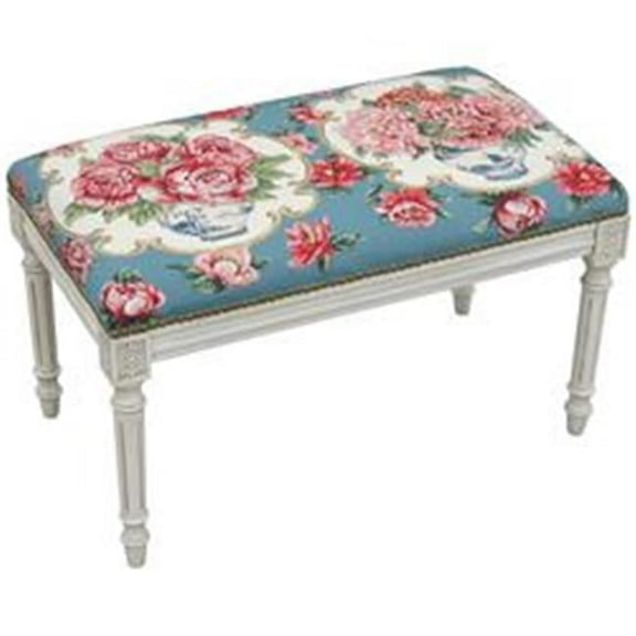 123 Creations C962WBC 100 Percent Wool Peony & Rose Needlepoint Upholstered Solid Wood Bench - Wood Stain