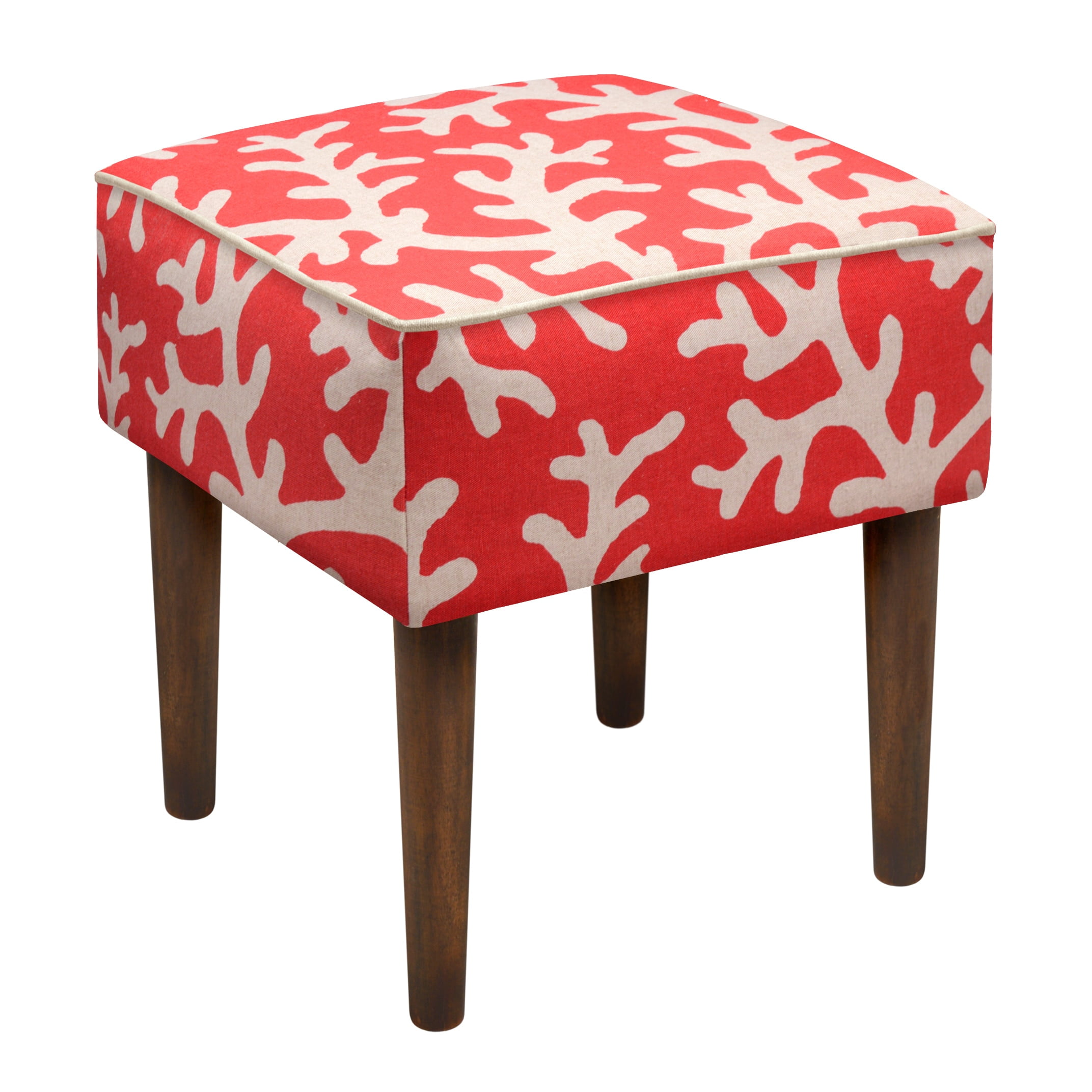 Coral Red Linen Upholstered Modern Vanity Stool with Wood Legs