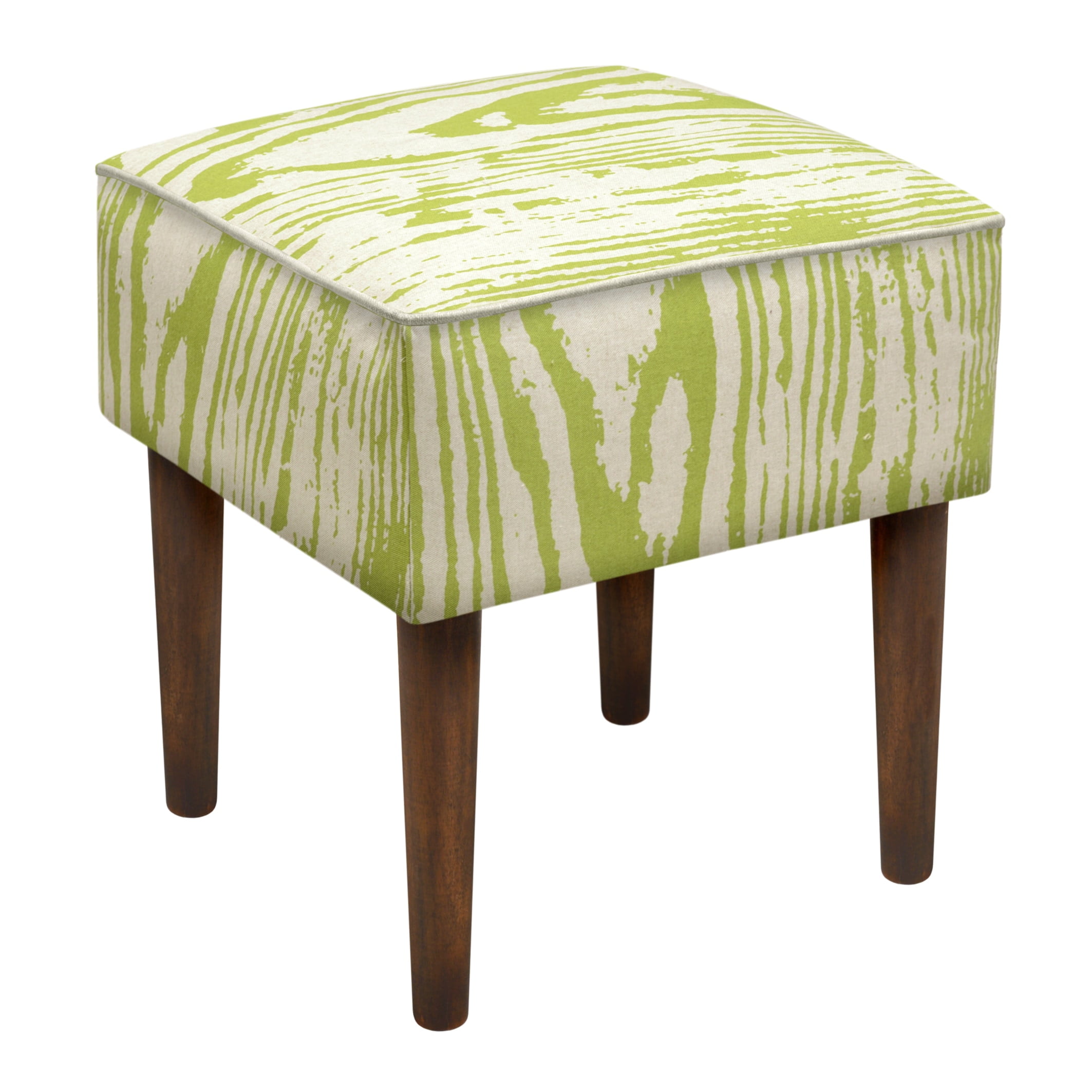 Green Faux Bois Linen Upholstered Modern Stool with Hardwood Legs