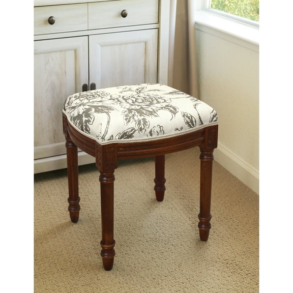 123 Creations Gray Peony Vanity Stool with wood stained finish