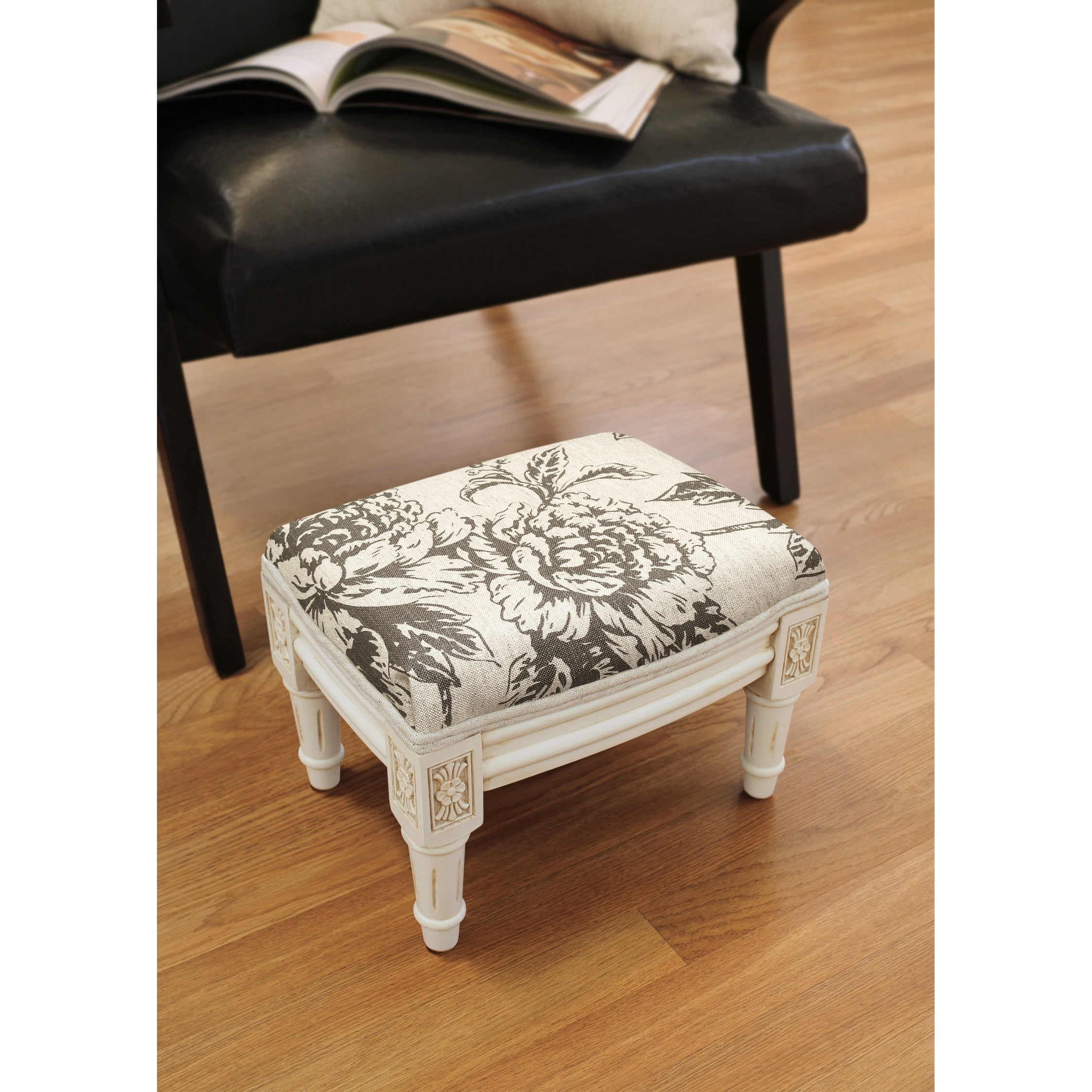 Antique White and Grey Floral Linen Footstool