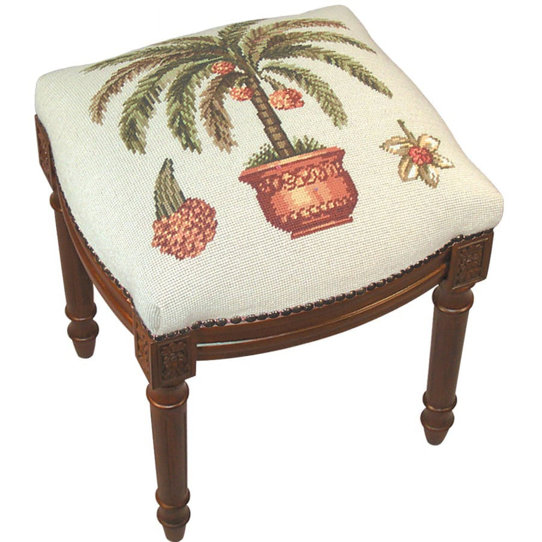 Palm Tree Needlepoint Stool with Solid Wood Frame