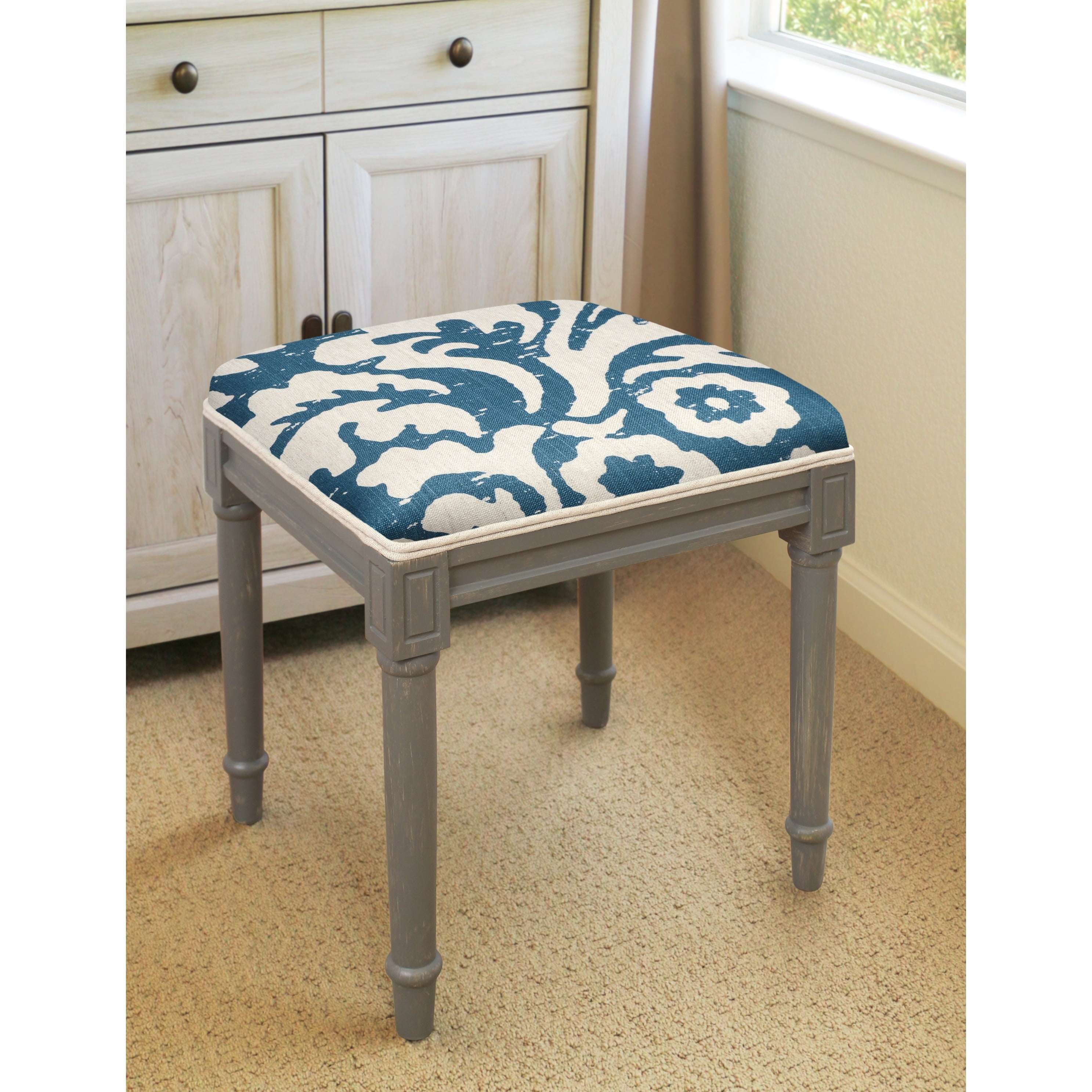 Jacobean Multicolor Floral Linen Vanity Stool with Rustic Grey Wood