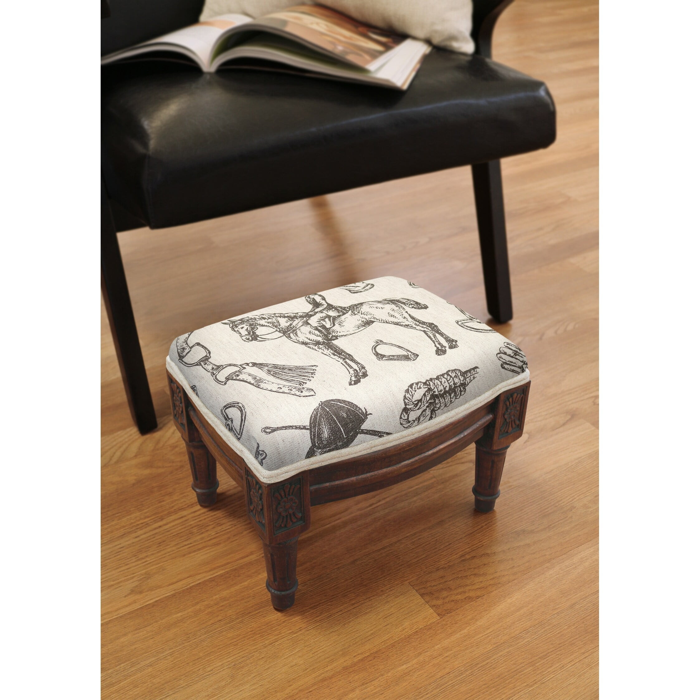 Chestnut Wood and Grey Linen Equestrian Footstool with Nail Heads