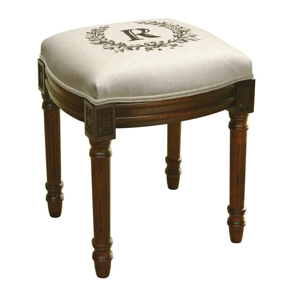 123 Creations Monogram Victorian Traditional Linen/Wood Vanity Stool Chestnut/R
